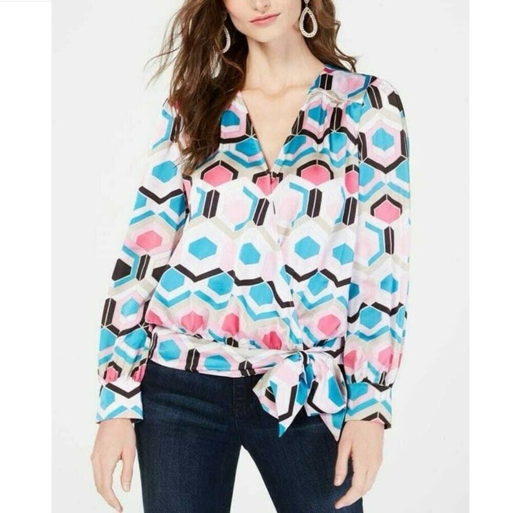 INC Multicolor Honeycomb Hexagon Print Long Sleeve Wrap Top Sz XSP
b71